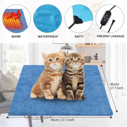 Pet Heating Pad for Cats Dogs Indoor Outdoor Waterproof Electric Heated Pads Mat with Stainless Chew Resistant Cord 5 Timer and 6 Level Temperature Warming Pad Bed Warmer-17.7x17.7