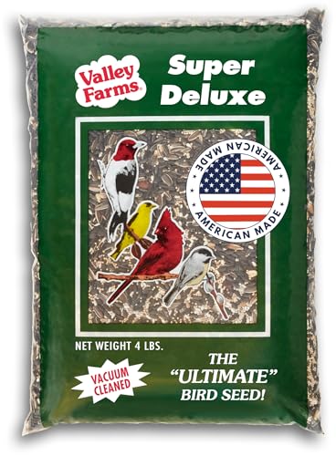 Valley Farms Super Deluxe Wild Bird Food for Outside feeders - 0% fillers - Loads of Sunflower Seed - w/Peanut kernels -Feed More Birds w/Less Seed (4 LBS)