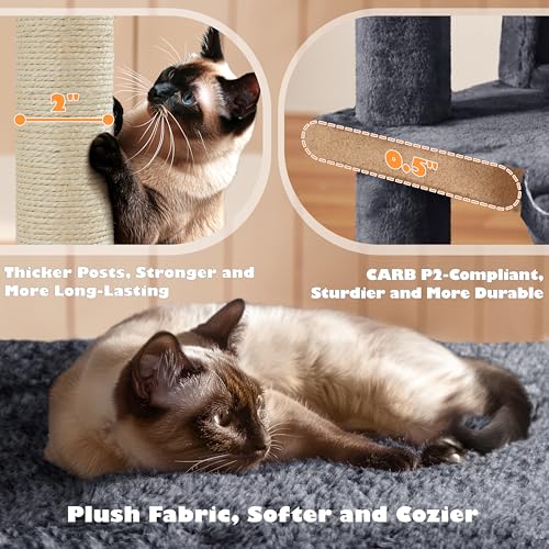 Yaheetech 54in Cat Tree, Multi-Level Cat Tower with Spacious Kitten-ear Perch, 2 Cozy Caves, Scratching Posts, Climbing Ladder, 2 Plush Balls, Durable Pet House Furniture for Indoor Kittens, Dark Gray