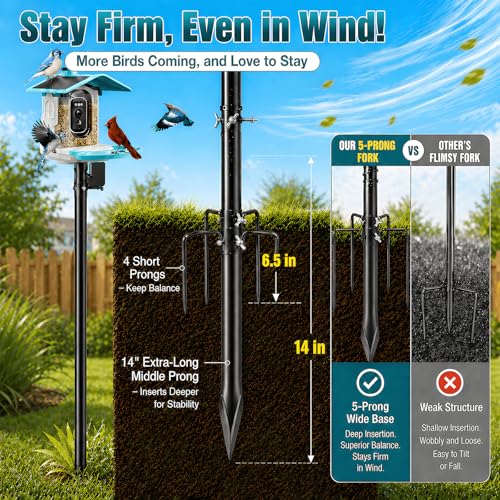 Heavy Duty Bird Feeder Pole - 75" Adjustable Birdhouse Stand Outdoor, Anti-Tip Stakes & Stable Mount for Smart Camera Birdfeeder,Bluebird House, Bird Buddy, Birdfy