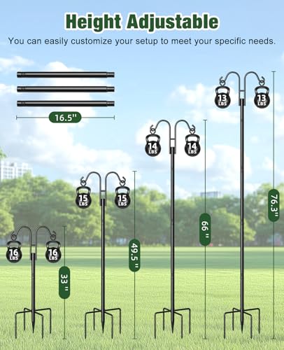 Double Shepherds Hooks, 76 Inch Bird Feeder Pole with 5-Prong Base, 3/4 Inch Thick Heavy Duty Adjustable Garden Hooks for Hanging Plants, Hummingbird Feeder, Solar Lights, Lantern Outdoor Garden Decor