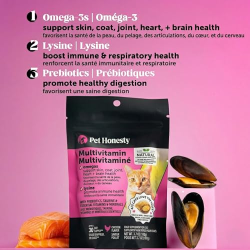 Cat Multivitamin Crunchy & Creamy Chews - Cat Treats for Health + Immune, Joint Support, Skin & Coat, & Digestion - Vitamins with Omega 3s, Lysine & Probiotics (30 Day Supply)