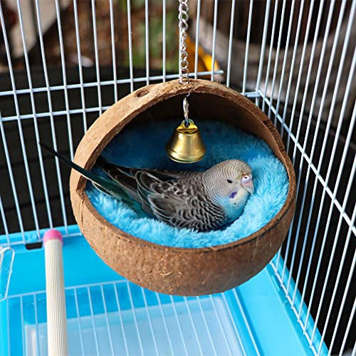 2 Pcs Natural Coconut Shell Bird Nest House Bed Breeding Nesting Anti-Pecking Bite with Warm Pad and Bell for Bird Parrot Budgie Parakeet Cockatiel Conure Lovebird Canary Finch