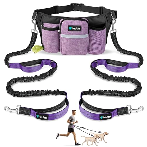 PetAmi Premium Hands Free Dog Leash for 2 Dogs, Adjustable Waist Belt Leash for Dog Walking, Fanny Pack Accessories Bag Dual Bungee Leash for