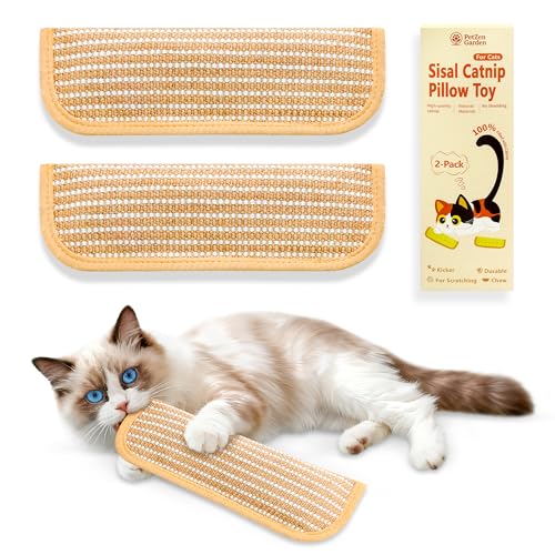 Sisal Catnip Pillow Toy Kickers, 2 Pack Interactive Catnip Toys with Organic 8000mg Herbal Blend for Indoor Scratching, Chewing & Teething, Fun for Kittens and Adult Cats