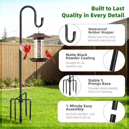 COCONUT 62" Shepherds Hooks for Outdoor, Bird Feeder Pole with 5 Prong Base, Adjustable Height Shepherds Hook for Hummingbird Feeder, Bird Feeder, Lightweight Plant, Wind Chimes, Lanterns (1 Pack)