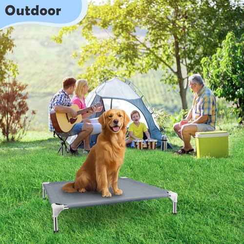 Elevated Cooling Dog Bed, Raised Outdoor Dog Bed for Medium Dogs, Portable Pet Cots with No-Slip Rubber Feet, Double Layer Polyester Cotton