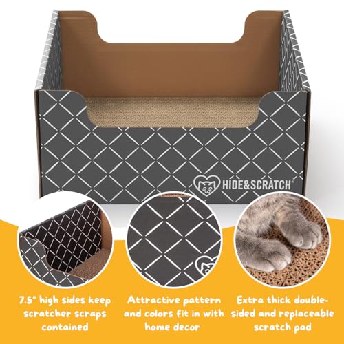 Hide & Scratch Cardboard Cat Scratcher Box & Bed - Dark Grey Diamond | Double-Sided Corrugated Pad for Indoor Cats | Refillable Scratching Board Toy for Play & Furniture Protection