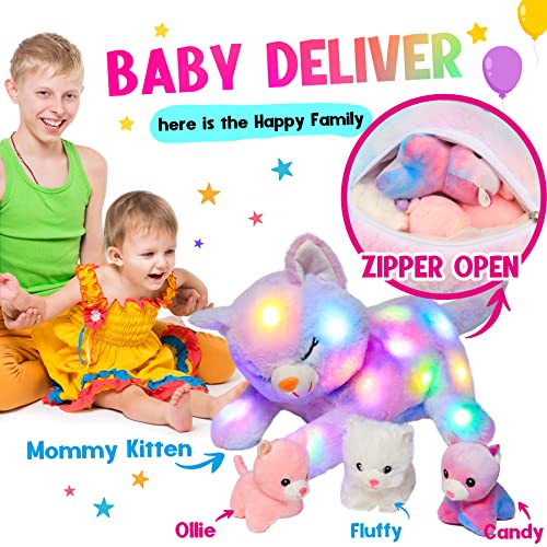 Hopearl LED Plush Cat Lighting Up Stuffed Mommy Cat with 3 Baby Kittens in her Tummy Stuffed Animal Playset Night Lights Glow in The Dark for Mom