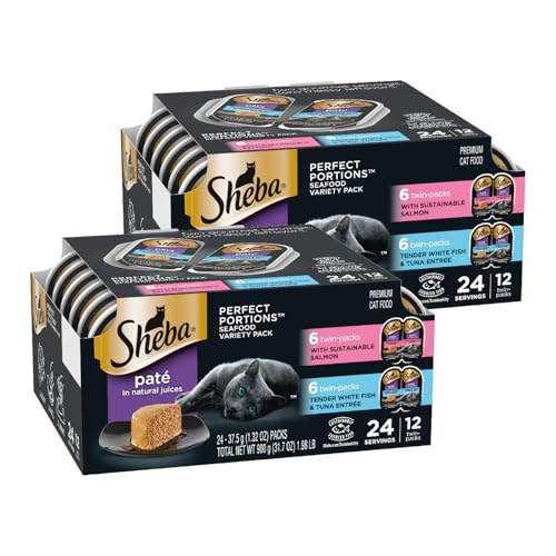 Sheba Perfect Portions Wet Cat Food Pate, Sustainable Salmon and Tender Whitefish & Tuna Entree, Cat Food Wet Recipe Variety Pack, 2.6 oz. Twin-Pack Trays (12 Count, 24 Servings) (Pack of 2)