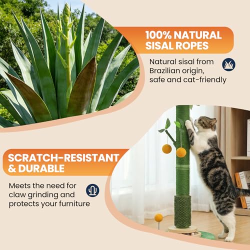 53" Extra Tall Cat Scratching Post for Large Cats, Heavy Duty Vertical Scratcher with Natural Sisal Rope, Stable Climbing Pole with Hanging Ball for Full Body Stretching
