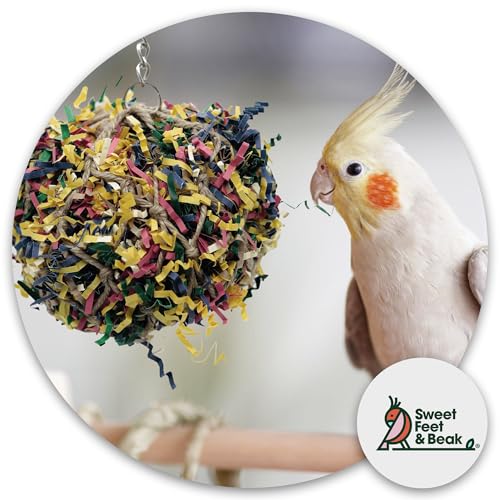 3” Super Shredder Ball Bird Toy - Fun Foraging Toys for Birds w/ Colorful Paper & Wooden Treasures - Easy to Hang Shredding Toys for Birds - Bird Shredding Toys for Cockatiels, Parrots & More