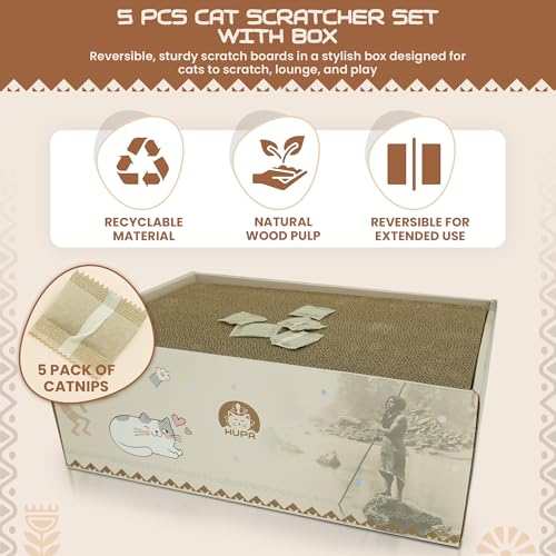 5 Pack Cat Scratching Boards | Reversible Cardboard Cat Scratcher with Catnip | Corrugated Cardboard cat Scratcher | Indoor Cat Scratch Pad | Durable Cat Scratcher Box | 16.34" L x 11.42" W x 5.51" H