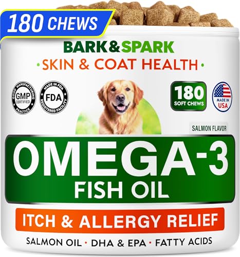 BARK&SPARK Omega 3 for Dogs and Cats-180 Fish Oil Treats for Dogs & Cats Shedding, Skin Allergy, Itch Relief, Hot Spots Treatment-Joint Health-Skin and Coat Supplement-EPA & DHA Fatty Acids-Salmon Oil
