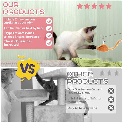 Interactive Bird Simulation Cat Toy Set,Cat Wand Toys,Wand Self-Holding Suction Cups Base,Include Detachable 6 Pcs Replacements Feathers Toys