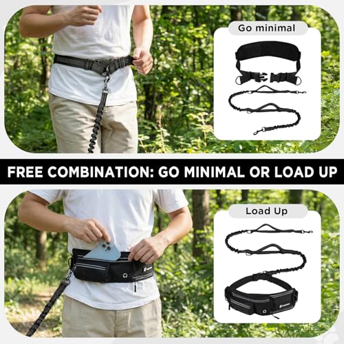 Hands Free Dog Leash with Waist Pack & 4 Metal Clips - Adjustable Leash with Reflective Stitching and Shock Absorbing Design for Walking, Jogging