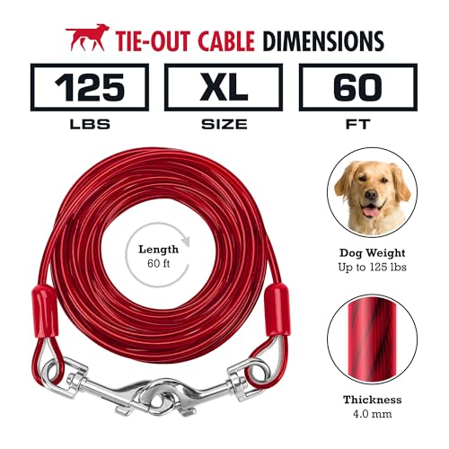 Tuff Pupper Dog Tie Out Cable 60 Feet | Dog Runner Cable for Yard 60 ft | Heavy Duty Lead | Water & Rust Resistant Industrial Strength Steel | 360