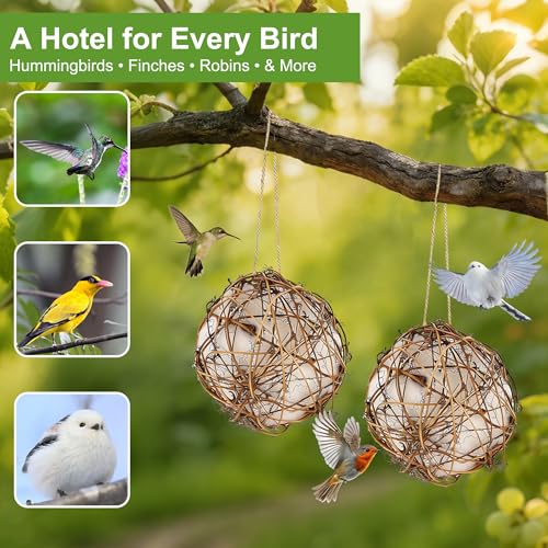 winemana Bird Nesting Material Holder for Hummingbirds, 3 Pack Natural Nesting Balls with Cotton Fibers for Wild Birds Outdoor Hummingbird House Gift for Bird Lovers Refillable