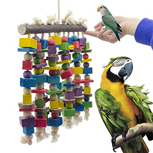 Deloky Large Bird Parrot Chewing Toy - Multicolored Natural Wooden Blocks Bird Parrot Tearing Toys Suggested for Large Macaws cokatoos,African Grey and a Variety of  Parrots(15.7" X 9.8")