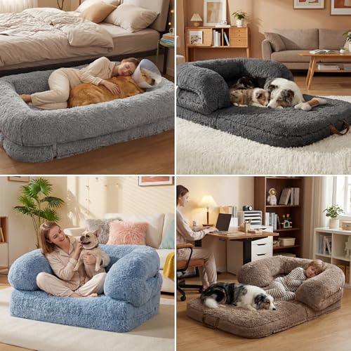LE SURE Foldable Human Dog Bed - 3 in 1 Flexible Giant Human Dog Bed for Adult People with Supportive Bolster Egg Foam, Waterproof Liner, Calming Fluffy Faux Fur Orthopedic Big Bean Bed, Soft Grey