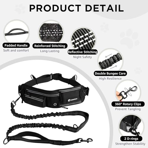 Hands Free Dog Leash with Waist Pack & 4 Metal Clips - Adjustable Leash with Reflective Stitching and Shock Absorbing Design for Walking, Jogging