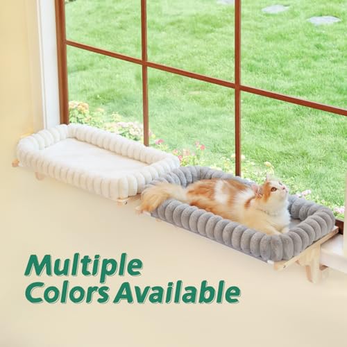 Zakkart SnugCloud Cat Window Perch with 4-Sided Bolster - Orthopedic Cat Hammock for Window Sill - Solid Hardwood & Metal Frame - Window Seat for Pets (Natural Color Wood w/White Bed, Medium)