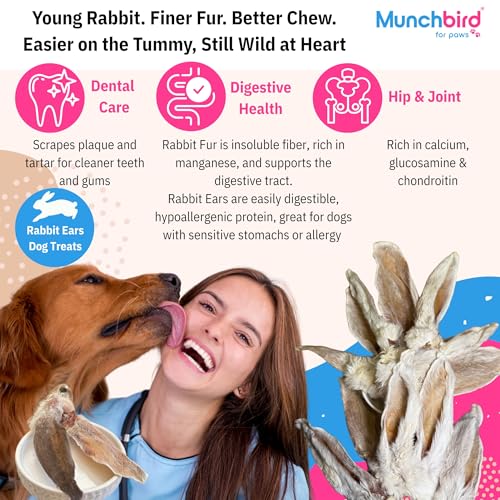 Munchbird Dehydrated Rabbit Ears 100g (3.5 oz) 12-15 pcs for Dogs, European Furry Rabbit Ear Natural Fiber for Pets, Rawhide Free Alternative to Pig Ears Dog Treats, Ear Size Varies