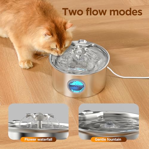 Stainless Steel Cat Water Fountain: 88oz/2.6L Ultra Quiet Pet Fountain with Flower Kitty Spout & LED Blue Light Water Dispenser with Water Level Window for Cats/Dogs Indoor (Silver) - IHOUONE