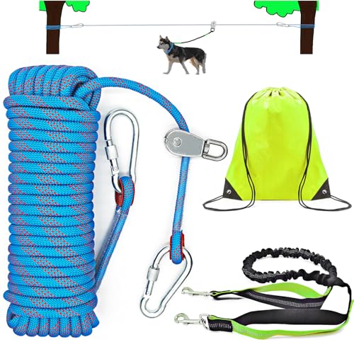 Dog Tie Out Cable for Camping, Dog Trolley System and 4ft Bungee Leash for Dogs Up to 400lbs, Suitable for Camping, Yard and Outdoor Events (Blue25