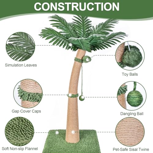 40'' Tall Cat Scratching Post Cat Tree, Curved Design Cat Scratcher Post with 3 Interactive Balls, Natural Sisal Rope Cat Scratching Posts for Indoor Cats Adults Kittens, Multi-Combinable (Style A)