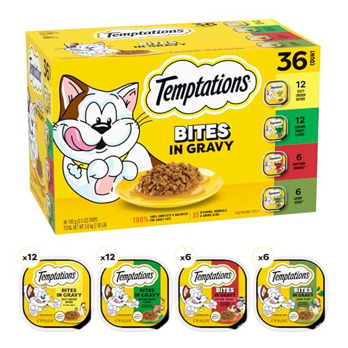 Temptations Bites in Gravy Adult Wet Cat Food Tasty Chicken Entree, Seafood Medley, Backyard Cookout, and Catnip Fever, 3.5 oz. Trays (36 Count, Pack