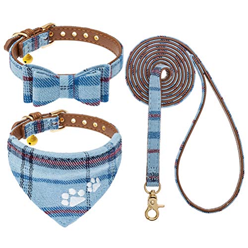 EXPAWLORER Puppy Collar and Leash Set - Embroidery Pawprints Plaid Dog Collar and Dog Leash Set, Bow Tie and Bandana Dog Collar with Bell, Cute