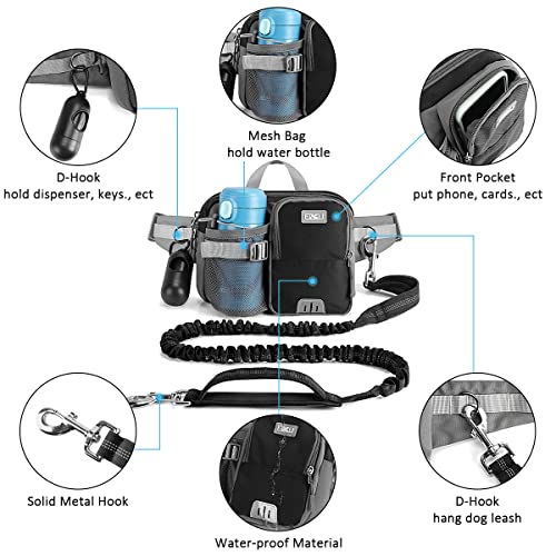 ETACCU Hands Free Dog Leash with Phone Pouch, Water Bottle Holder - Adjustable Waist Belt 19-38 Inch Belt Leash for Running, Reflective Shock