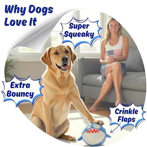 3 in 1 Squeaky Soft Plush Durable Dog Chew Toy for Aggressive Chewers, No Stuffing Interactive Tough Rip & Reveal Crinkle Blue Shark Ball in Gift Box, Puppy, Small & Large Breed Pets Birthday Present