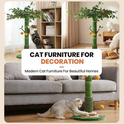 53" Extra Tall Cat Scratching Post for Large Cats, Heavy Duty Vertical Scratcher with Natural Sisal Rope, Stable Climbing Pole with Hanging Ball for Full Body Stretching