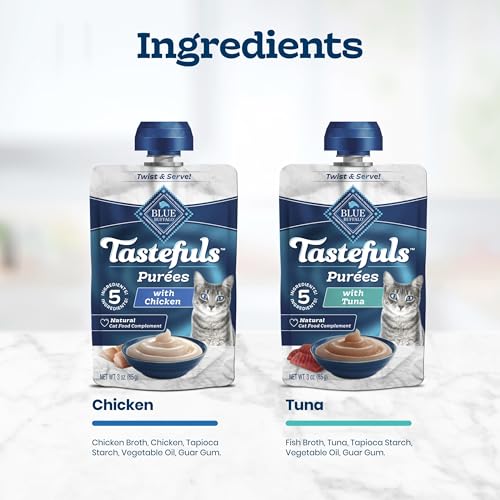 Blue Buffalo Tastefuls Purées Variety Pack Wet Cat Food Complement (Chicken & Tuna) Made with Natural Ingredients, for All Life Stages, 3-oz.