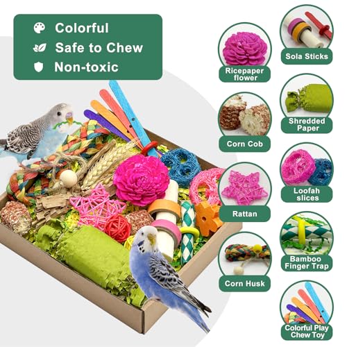 Natural Bird Toy Foraging Parrot Shredding Toys Box Conure Chewing Toys for Cockatiel Lovebird Parakeet Budgie Small-Medium Birds (Colorful)