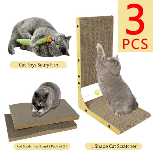 3-Pack WRBTA Cardboard cat Scratcher,L Shape Cat Scratch Pad Wall Mounted, Cat Scratching Cardboard with Ball Toy for Indoor, Cardboard Cat Scratcher with Double-Sided Usability.cat Scratching Post