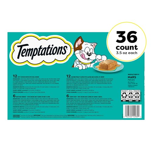 Temptations Pate in Gravy Adult Wet Cat Food Tasty Chicken Entree, Seafood Medley, Backyard Cookout, and Catnip Fever, 3.5 oz. Trays (36 Count, Pack