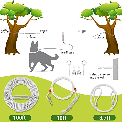 Dog Tie Out Cable - 100 ft Long Dog Cable with 10 ft Run Cable for Yard Training Running Camping Hiking Outdoor - Heavy Duty Chew Proof Lead Leash