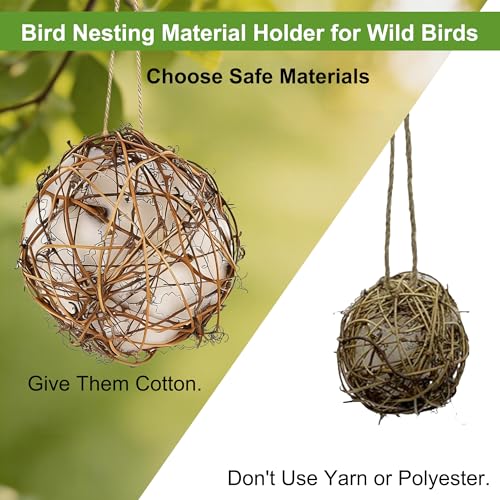 winemana Bird Nesting Material Holder for Hummingbirds, 3 Pack Natural Nesting Balls with Cotton Fibers for Wild Birds Outdoor Hummingbird House Gift for Bird Lovers Refillable