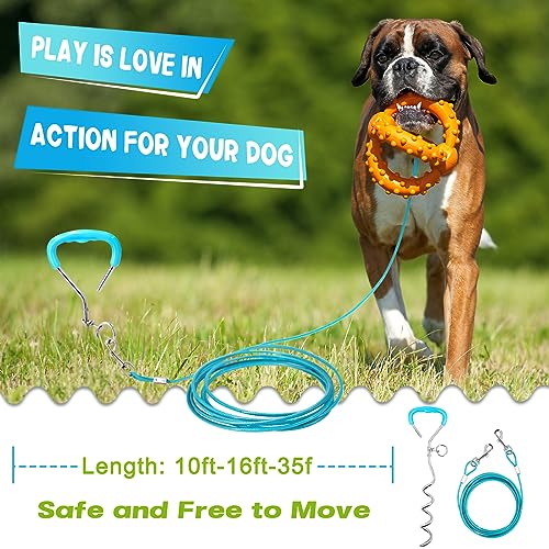 Supet Dog Tie Out Cable and Stake, Heavy Duty Runner with 32/16/10 FT Lead, Long Leash/Tether for Camping Backyard Outdoor Ground, Chain for Medium