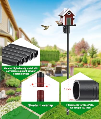 Heavy Duty Bird Feeder Pole - 109 Inch Adjustable 1 Inch Metal Bird House Pole with 14” Deep Auger Base | Outdoor Mount Kit for Bluebird Houses, Hummingbird Feeders, Smart Bird Feeder with Camera