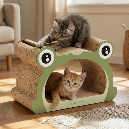 BOWHAUS Frog Style Cat Scratching Board, Cat Scratcher Lounger with Play Ball for Indoor Cat, Durable & Long-Lasting Scratching Board Cardboard