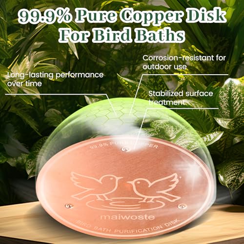 Bird Bath Copper Disk, 4 Inch 0.6mm Thick 99.9% Pure Copper Disc with Triple-Point Support, Natural Water Cleaner for All-Season Use, Universal Fit for Outdoor BirdBaths, Bowls