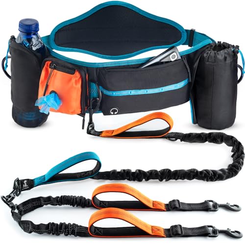 SparklyPets Double Bungee Waist 2 Dog Leash with Back Brace – Dual Dog Leash for Medium/Large Breeds – Running Belt Fanny Pack with Phone, Waste