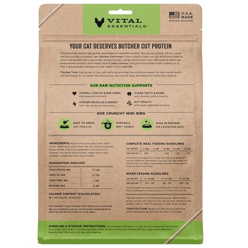 Vital Essentials Freeze Dried Cat Food, Raw Rabbit Crunchy Mini Nibs | Complete Meal or Topper | 96% Rabbit, Organs & Bone | Limited Ingredient, High Protein, Grain Free Dry Cat Food | 12 oz Bag