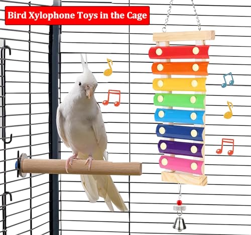 Large Parrot Suspensible Xylophone Toy, Multicolored Natural Wooden Bird Chewing Toys with Grinding Stone for Large, Medium Birds, Macaws, African Grey, Cockatoos,