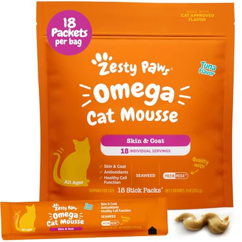 Zesty Paws Omega Cat Mousse Squeezable Cat Treats - with Seaweed, Omega Fatty Acids, Antioxidants Vitamins & Minerals - Skin & Coat Support for Cats - Tuna Fish Flavor - 18 Count