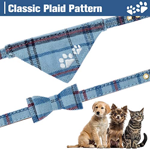 EXPAWLORER Puppy Collar and Leash Set - Embroidery Pawprints Plaid Dog Collar and Dog Leash Set, Bow Tie and Bandana Dog Collar with Bell, Cute